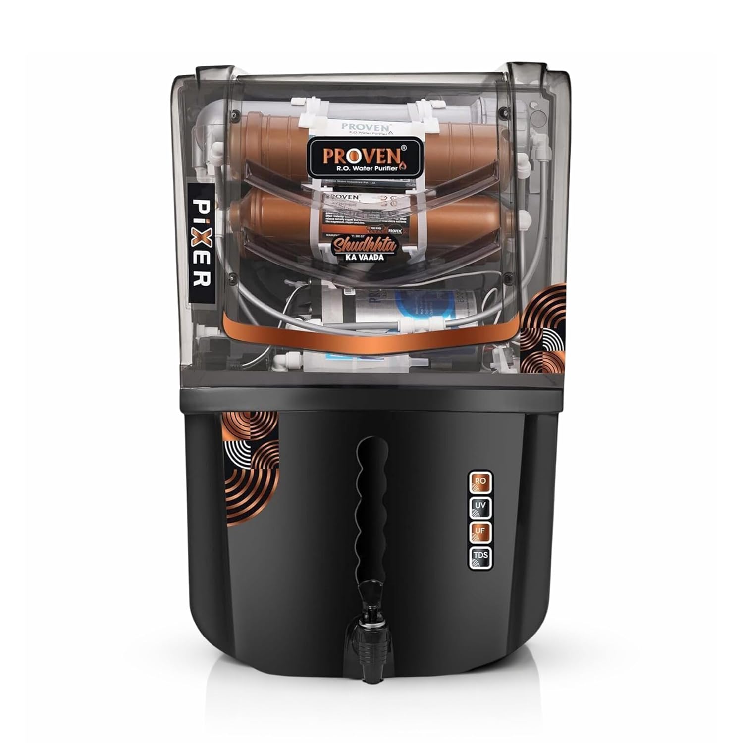Proven Pixer Water Purifier RO + UV + UF Elegant Black with Full Transparent Front with Copper, High TDS Adjuster, Made in India, ISI Certified | 12L Tank | 12 Stage Purification | 1 Year Warranty