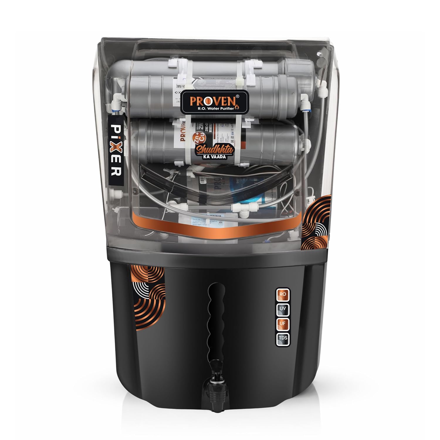 Proven Pixer Water Purifier – RO + UV + UF with Copper Zinc Filter, 12L Storage Tank, Sleek Black, TDS Adjuster, Made in India, ISI | 12 Stage Purification | 1 Year Warranty
