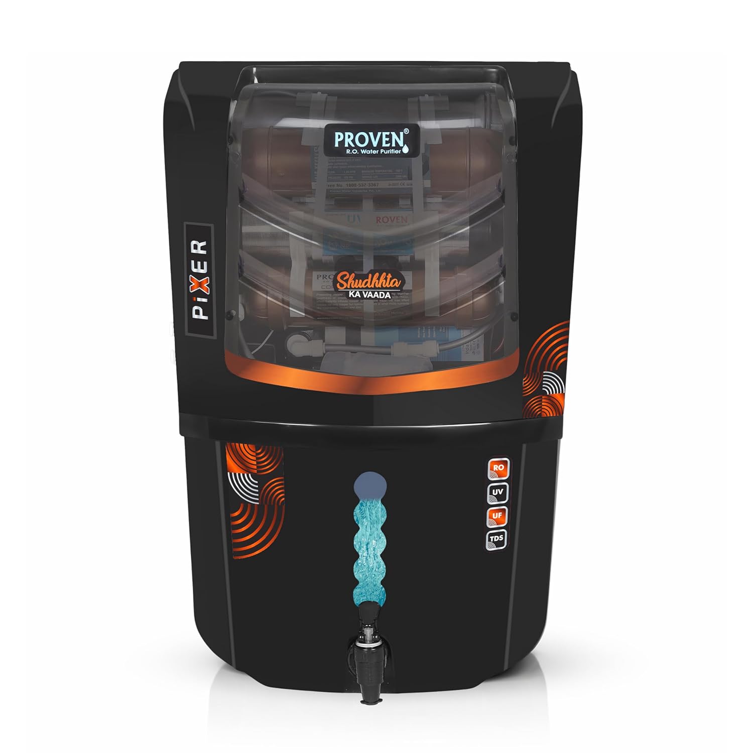 Proven Pixer RO+UV+UF Water Purifier for Home | 12L Storage | Elegant Black Design | 12-Stage Purification | TDS Adjuster | ISI Certified | Made in India | 1-Year Warranty