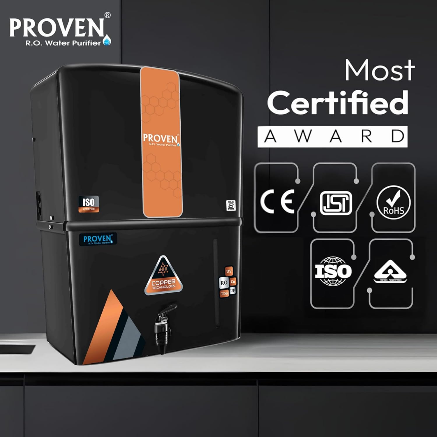 Proven Curvv RO+UV+UF Water Purifier for Home – 12L Storage | Copper Technology | TDS Adjuster | Ideal for Borewell & Hard water | ISI Certified | 1-Year Warranty | Free Prefilter (Black Copper)