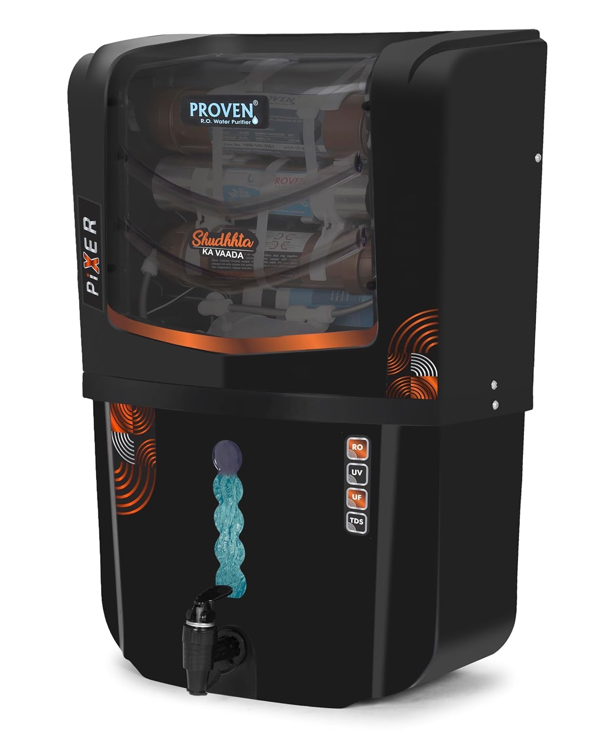 Proven Pixer RO+UV+UF Water Purifier for Home | 12L Storage | Elegant Black Design | 12-Stage Purification | TDS Adjuster | ISI Certified | Made in India | 1-Year Warranty