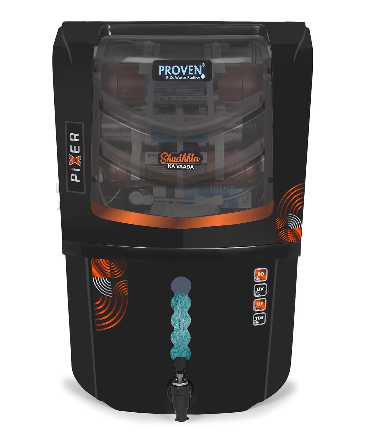 Proven Pixer RO+UV+UF Water Purifier for Home | 12L Storage | Elegant Black Design | 12-Stage Purification | TDS Adjuster | ISI Certified | Made in India | 1-Year Warranty