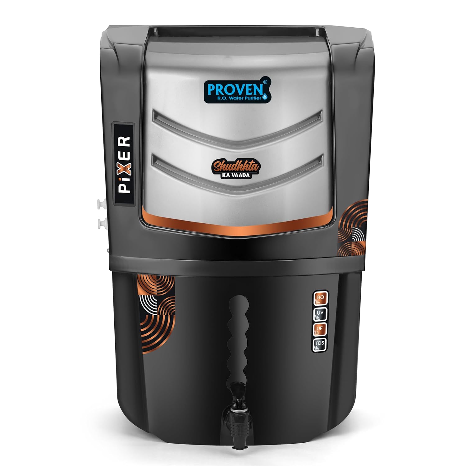 Proven Pixer Water Purifier – RO + UV + UF with Copper Zinc Alkaline Technology, TDS Adjuster, 12L Storage Tank, Sleek Black, Made in India, ISI | 12 Stage Purification | 1 Year Warranty