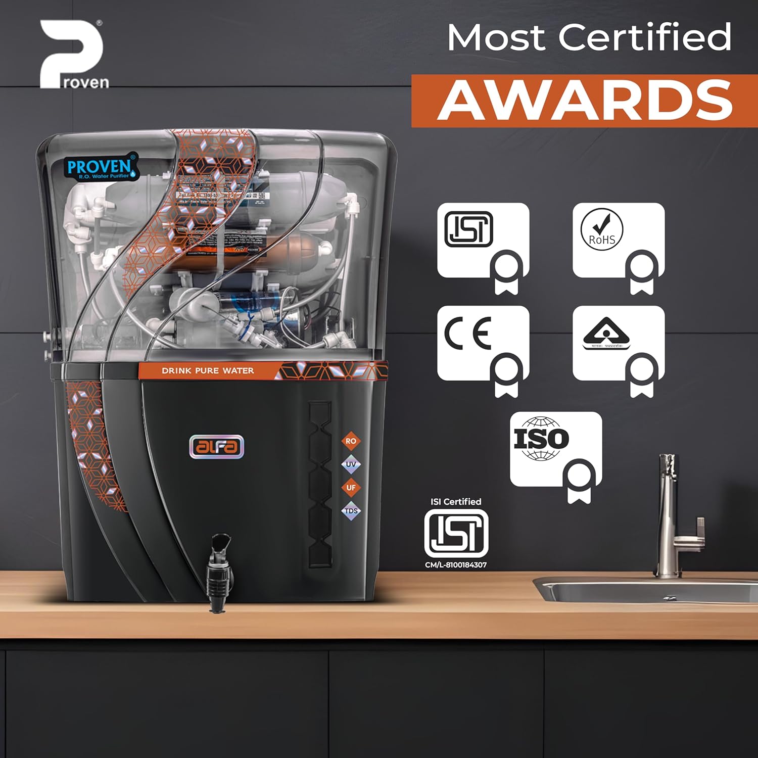 Proven Alfa 4 in 1 Zinc Copper Alkaline RO Water Purifier, 12L Tank, RO, UV, UF, TDS Adjuster | Suitable for all water sources | ISI Approved | Made In India | 12 Stage Purification | 1 Year Warranty