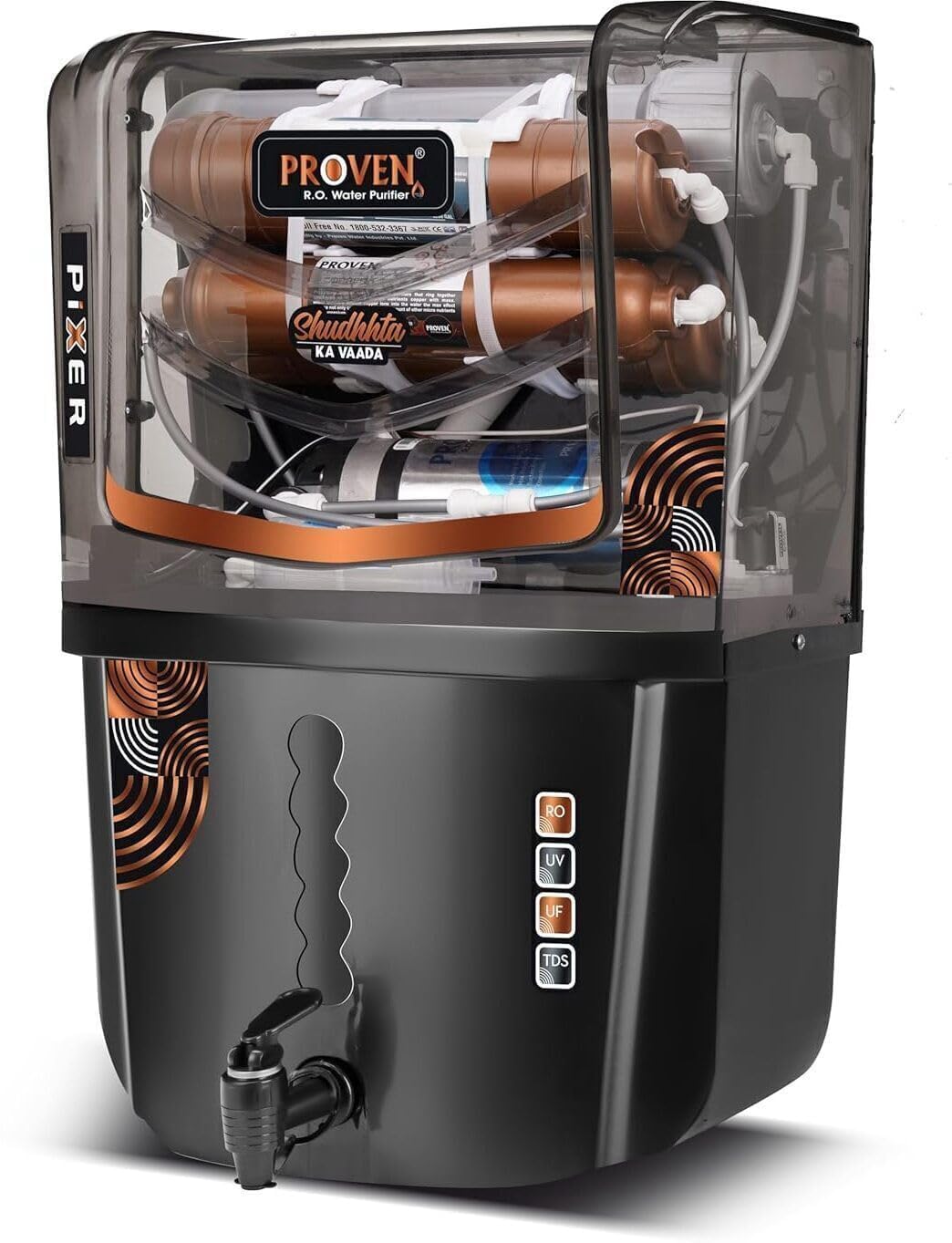 Proven Pixer Water Purifier RO + UV + UF Elegant Black with Full Transparent Front with Copper, High TDS Adjuster, Made in India, ISI Certified | 12L Tank | 12 Stage Purification | 1 Year Warranty